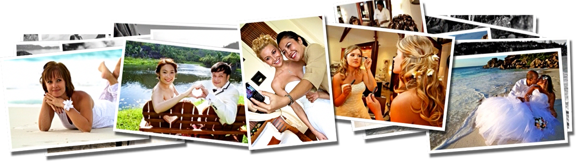 A delightful collage featuring people in various poses, highlighting the romance of weddings and honeymoons in the Seychelles.
