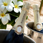 Two champagne bottles in a bucket on a beach, perfect for a wedding celebration in the Seychelles or a romantic honeymoon.